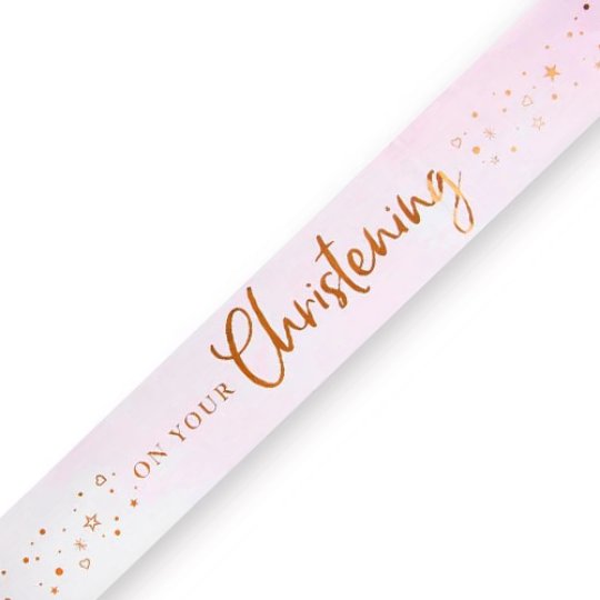 Pink, white and gold 'On your christening' banner