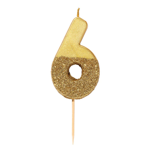 Gold glitter number candle - 6