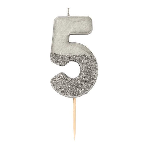 Silver glitter number candle - 5