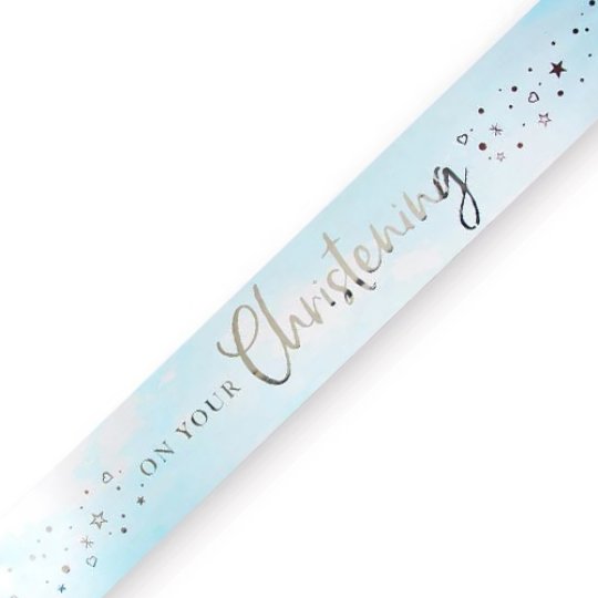 Blue and silver 'On your christening' banner